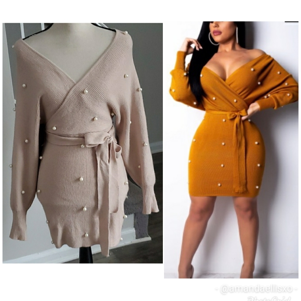 HWA Apparel Wrap Front Sweater Dress with Pearls